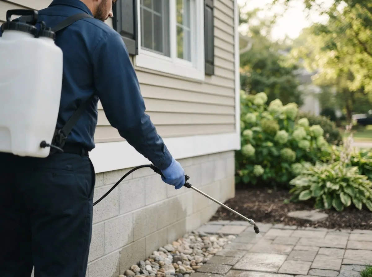 Pest control technician inspecting a home in Newfane, NY